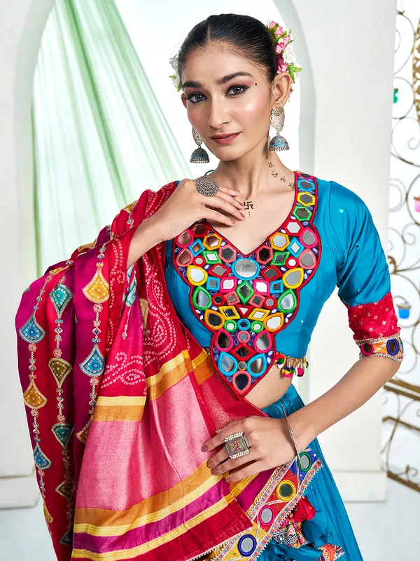 Blue silk navratri lehenga choli with red dupatta