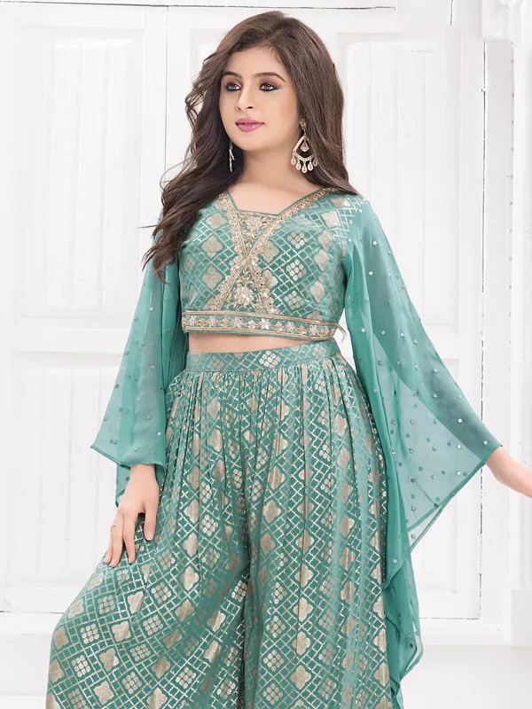 Blue silk palazzo suit with mirror work
