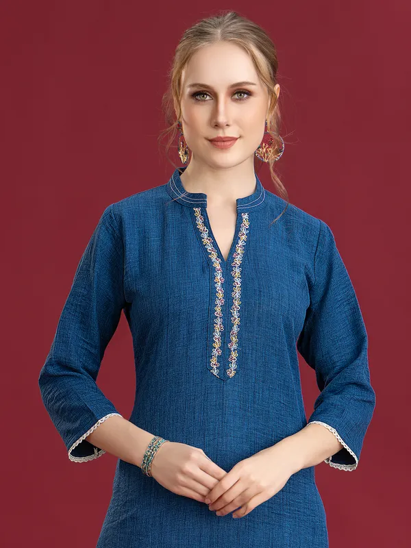 Blue silk pant kurti with thread embroidery