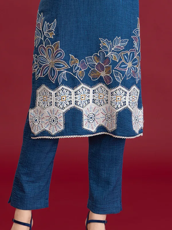 Blue silk pant kurti with thread embroidery
