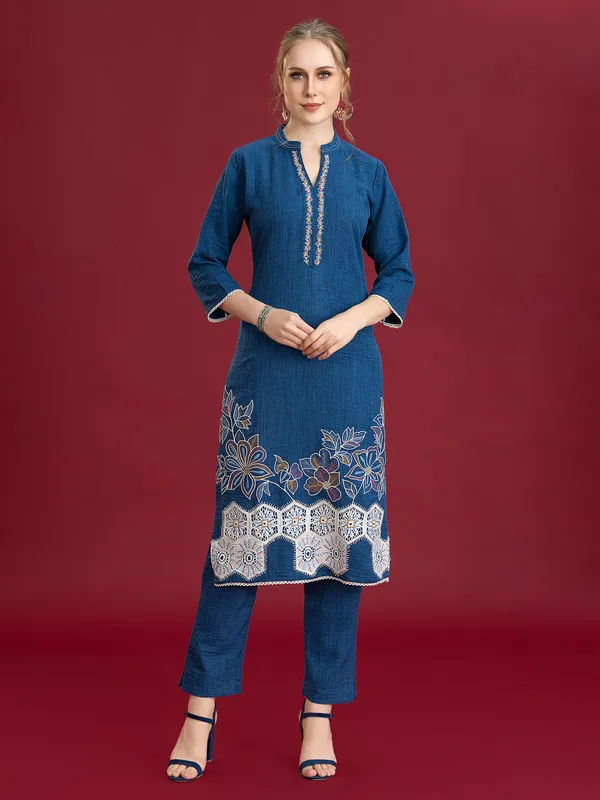 Blue silk pant kurti with thread embroidery