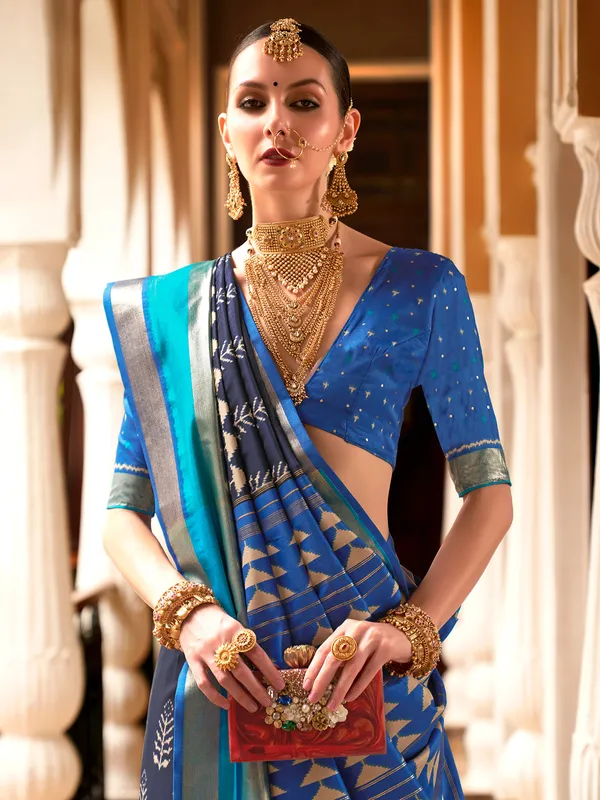 Blue silk patola printed wedding saree