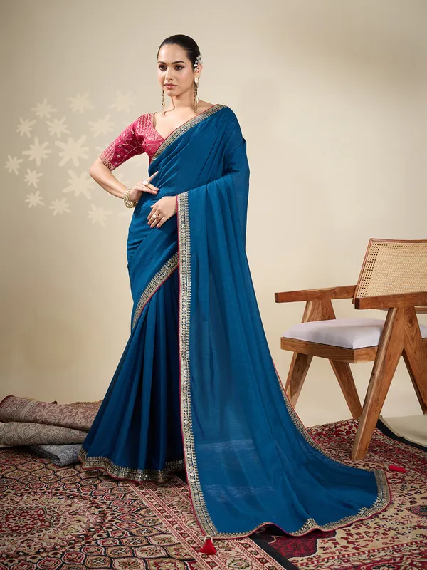 Blue silk plain saree for festive celebration