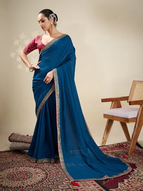 Blue silk plain saree for festive celebration