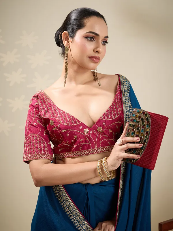 Blue silk plain saree for festive celebration