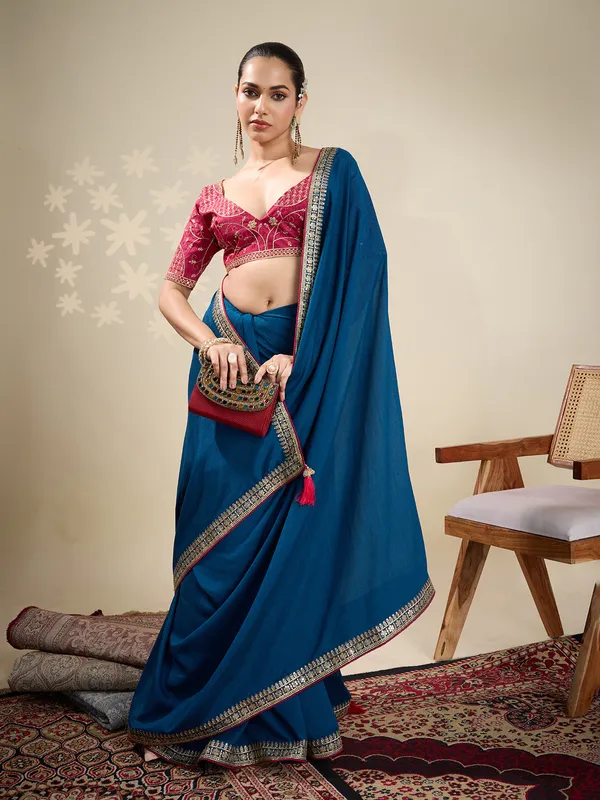Blue silk plain saree for festive celebration