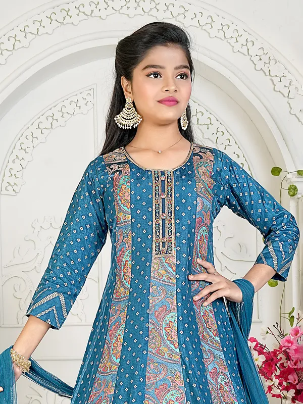 Blue silk printed floor length gown for girls