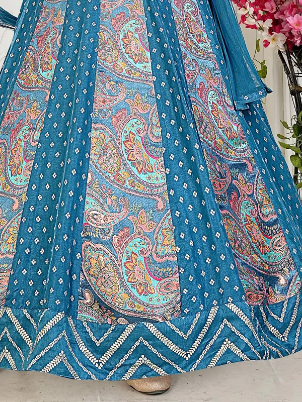Blue silk printed floor length gown for girls
