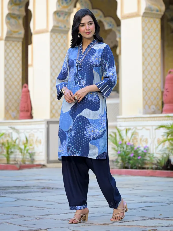 Blue silk printed kurti set ensemble