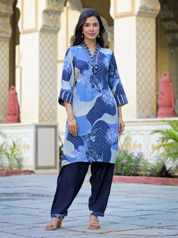 Blue silk printed kurti set ensemble