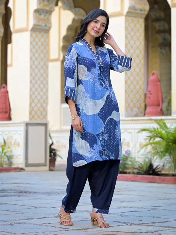 Blue silk printed kurti set ensemble