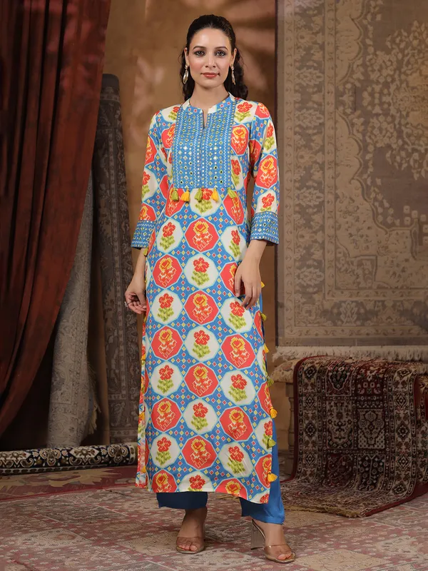 Blue silk printed kurti set for festive wear
