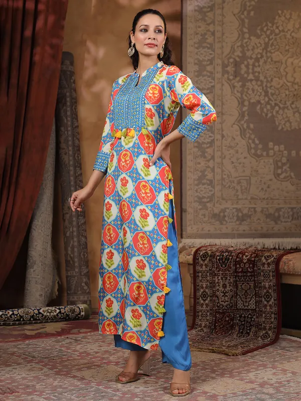 Blue silk printed kurti set for festive wear