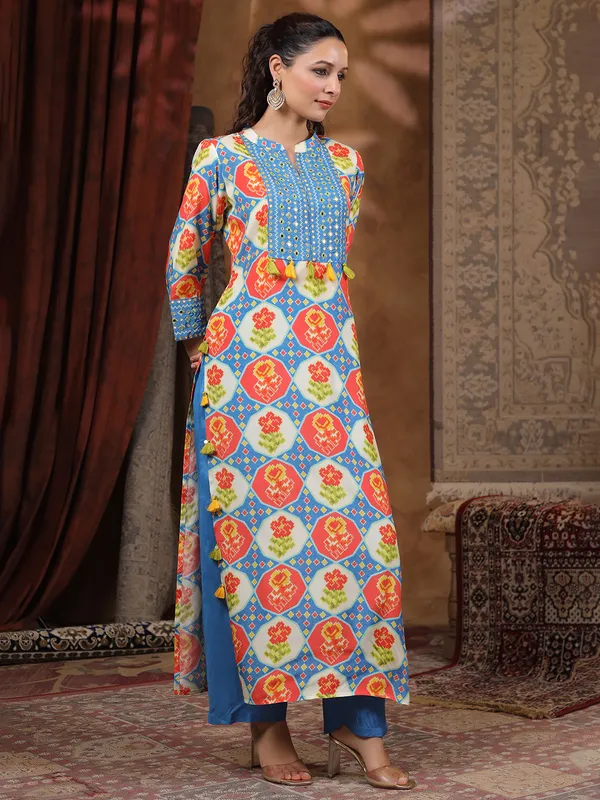 Blue silk printed kurti set for festive wear