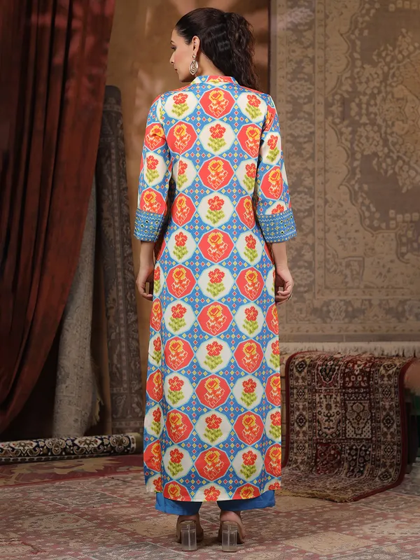 Blue silk printed kurti set for festive wear