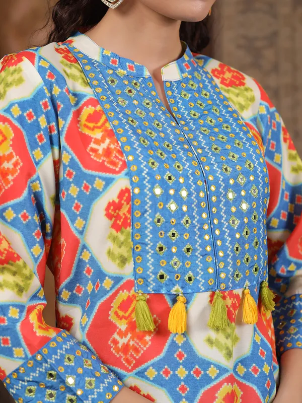 Blue silk printed kurti set for festive wear