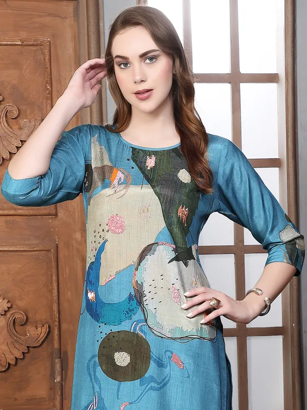 Blue silk printed kurti set for women
