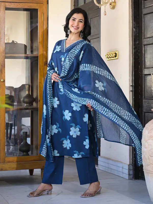 Blue silk printed kurti set with dupatta