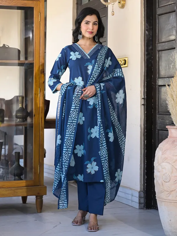 Blue silk printed kurti set with dupatta