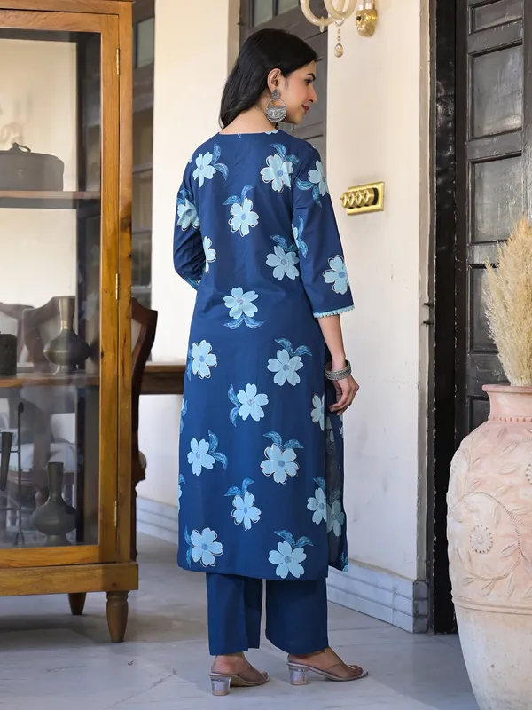 Blue silk printed kurti set with dupatta