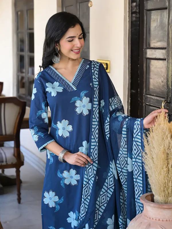 Blue silk printed kurti set with dupatta