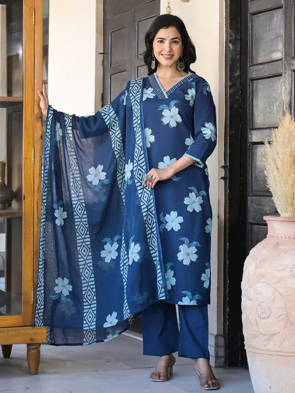Blue silk printed kurti set with dupatta