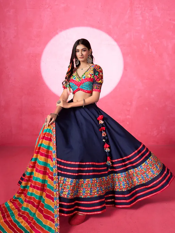 Blue silk printed lehenga choli for navratri