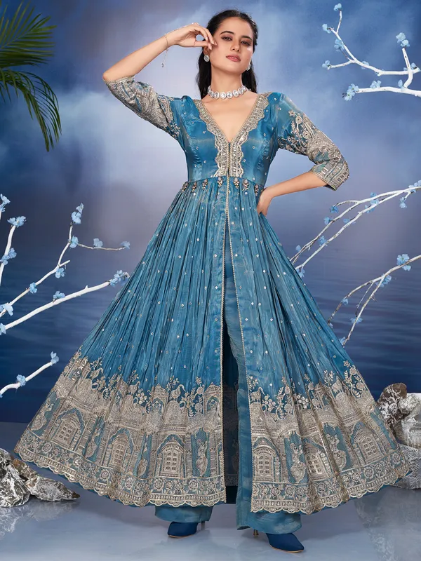 Blue silk printed palazzo salwar suit