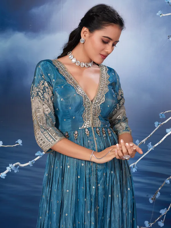 Blue silk printed palazzo salwar suit