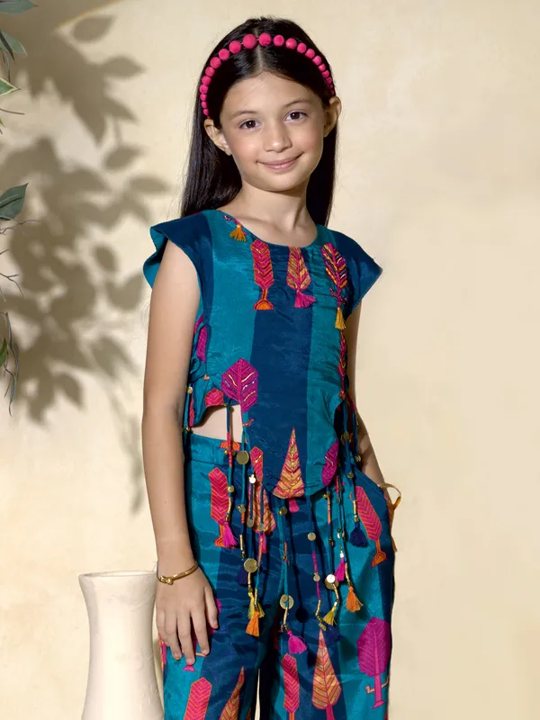 Blue silk printed palazzo set for girls