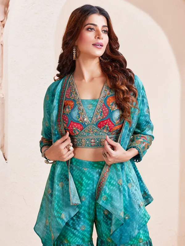 Blue silk printed sharara suit for wedding