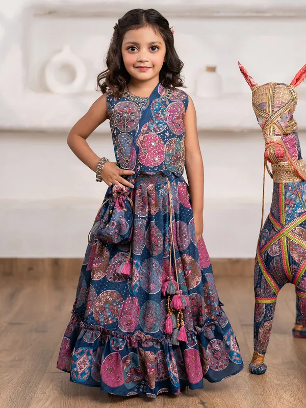 Blue silk printed wedding lehega choli