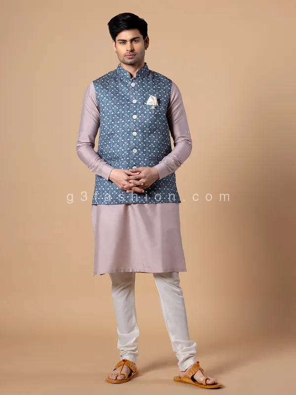 Blue silk printed wedding waistcoat set