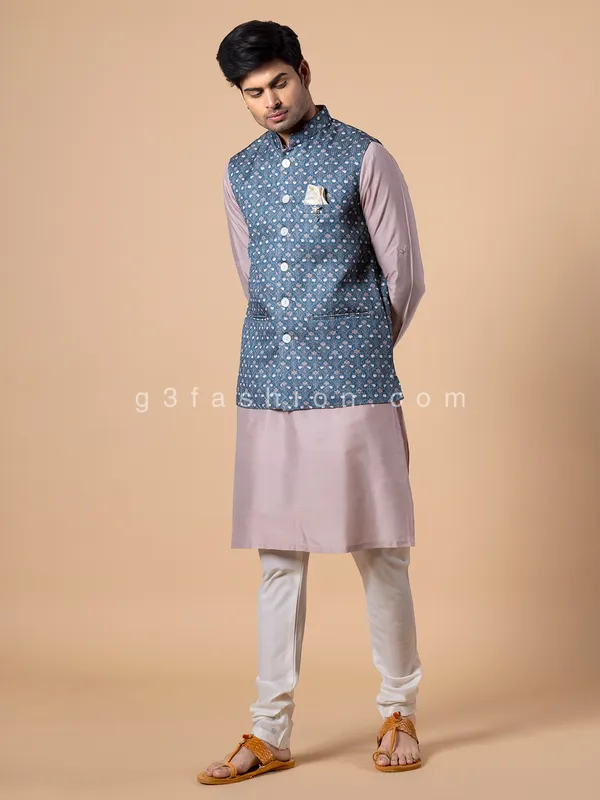 Blue silk printed wedding waistcoat set