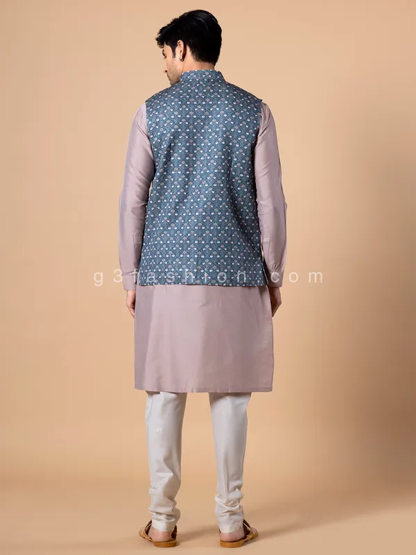 Blue silk printed wedding waistcoat set