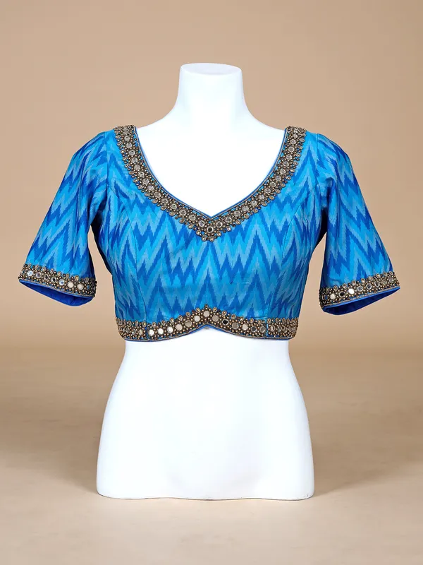 Blue silk ready made blouse in printed