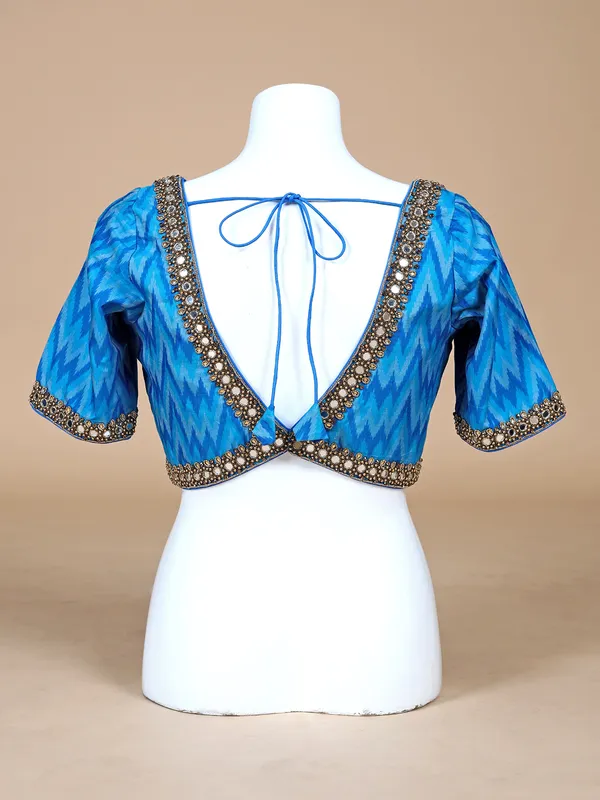 Blue silk ready made blouse in printed
