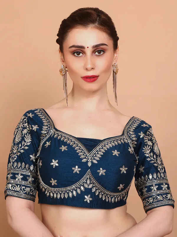 Blue silk ready made blouse with embroidered and sequins