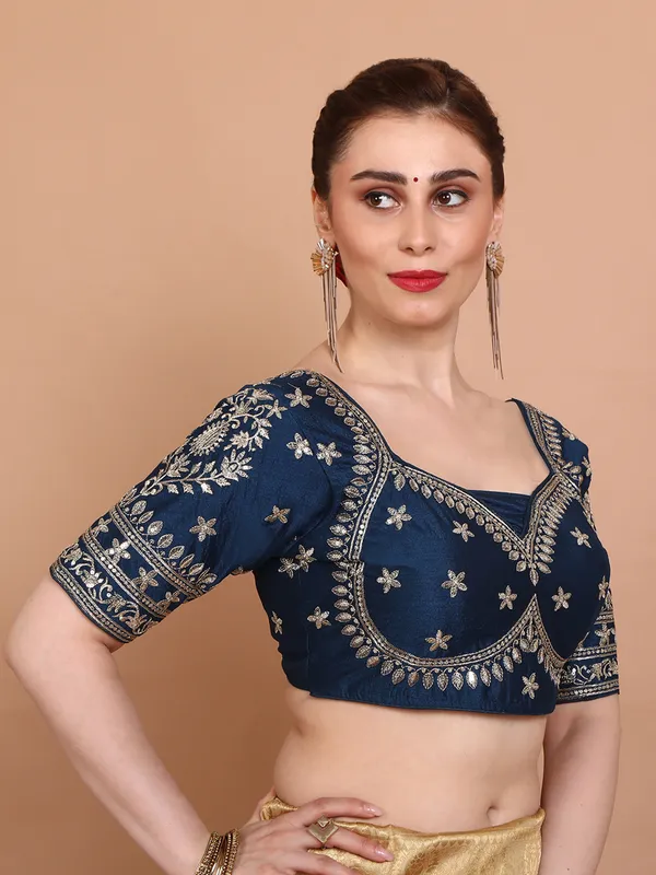 Blue silk ready made blouse with embroidered and sequins