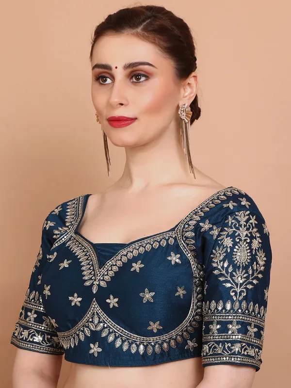 Blue silk ready made blouse with embroidered and sequins
