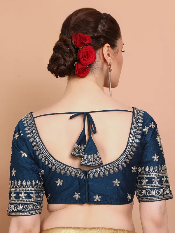 Blue silk ready made blouse with embroidered and sequins