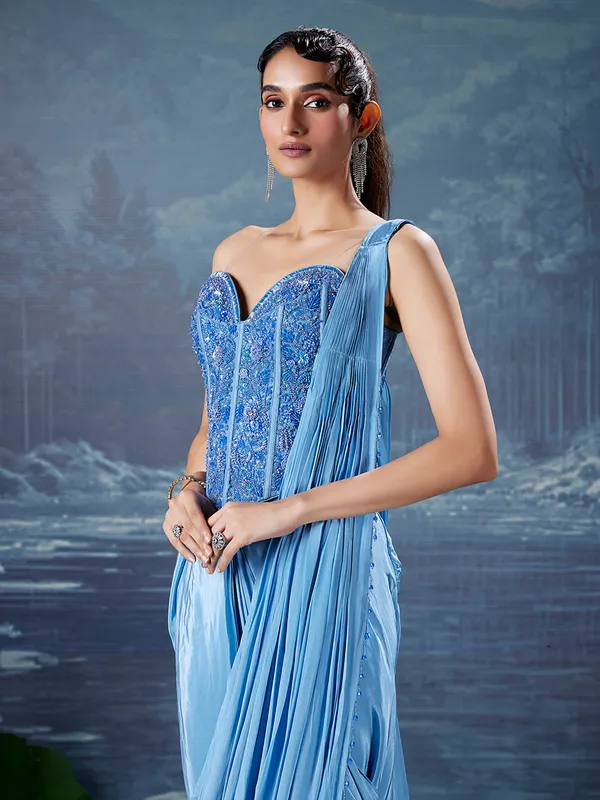 Blue silk ready to wear saree for party celebrationc