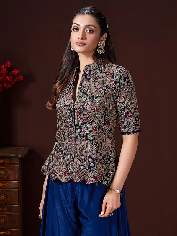 Blue silk rich embellished palazzo suit for women