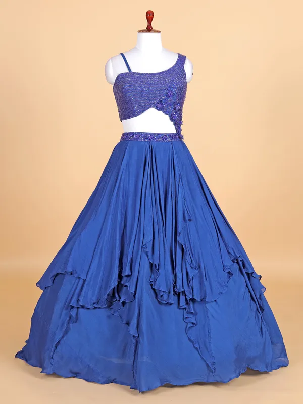 Blue silk round  neck lehenga choli for reception