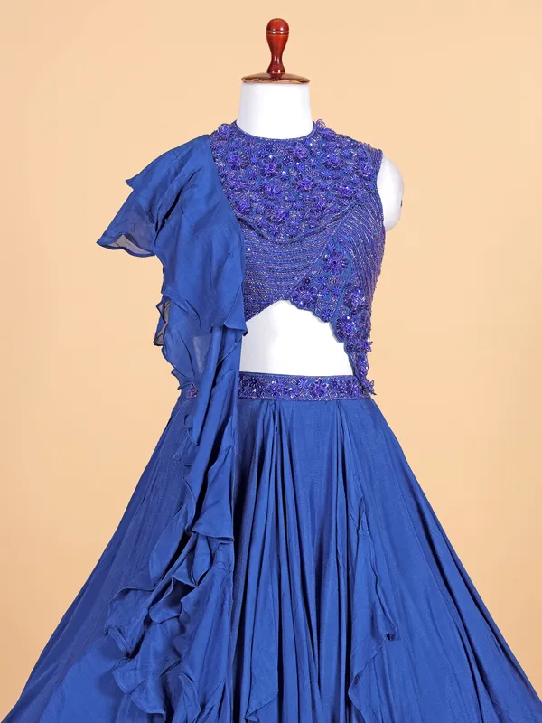 Blue silk round  neck lehenga choli for reception