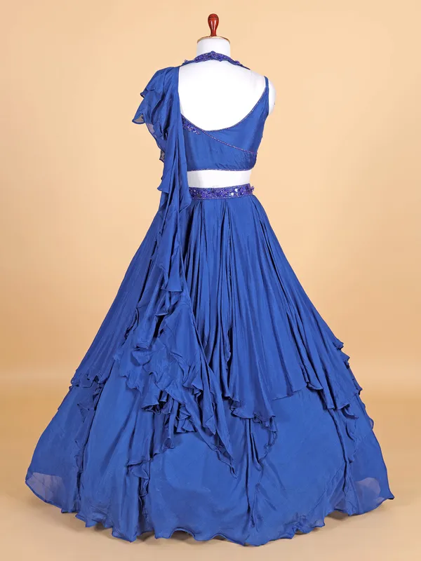 Blue silk round  neck lehenga choli for reception
