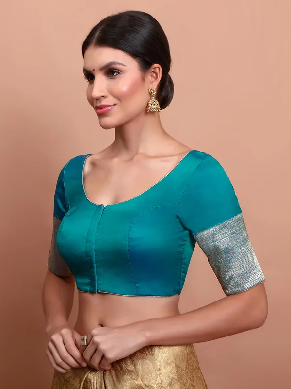 Blue silk round neck ready made blouse with zari accents