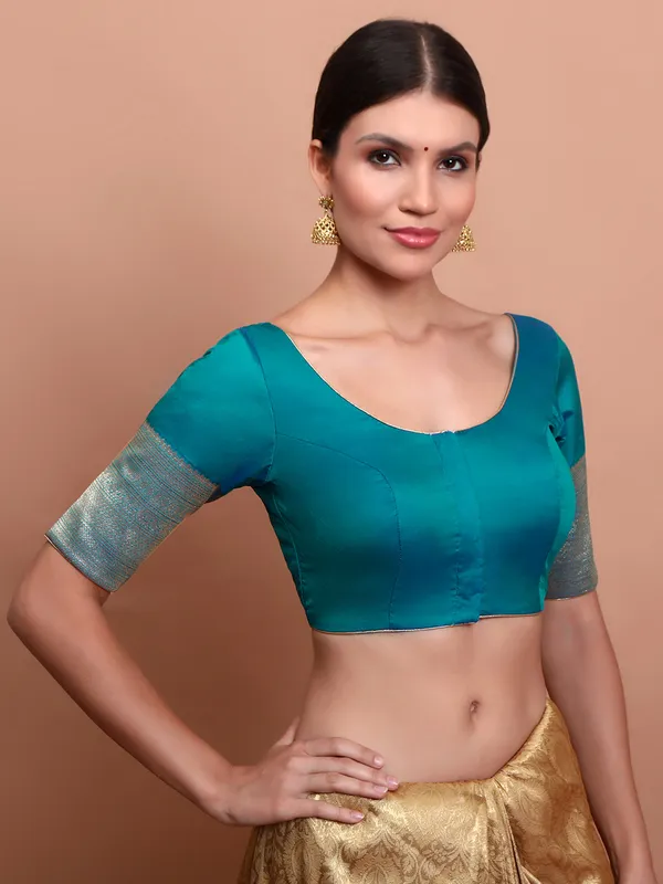 Blue silk round neck ready made blouse with zari accents