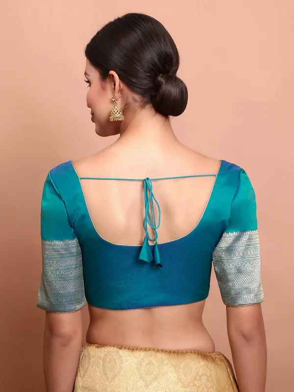 Blue silk round neck ready made blouse with zari accents