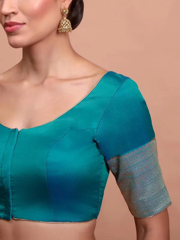 Blue silk round neck ready made blouse with zari accents
